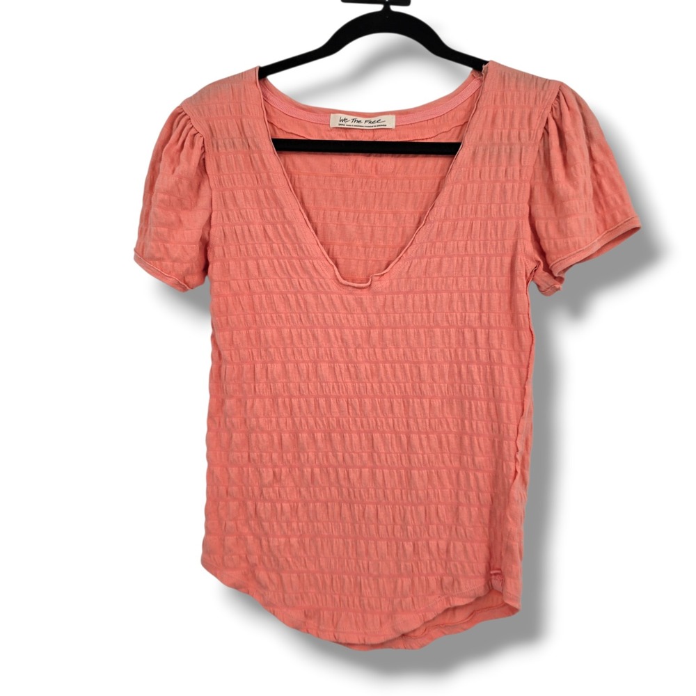 We The Free Free People Coral Pink Smocked Puff Sleeve V-Neck Top Size Small